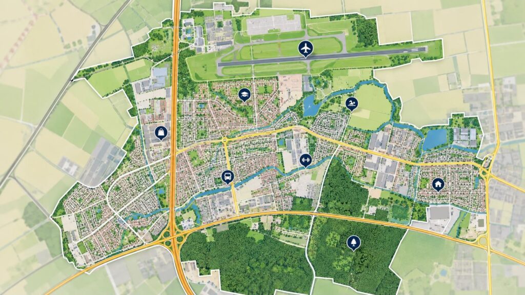 Harta orașului Otopeni cu zonele, aeroportul, școala, bazinul și parcurile