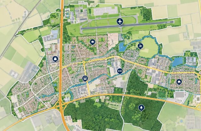 Harta orașului Otopeni cu zonele, aeroportul, școala, bazinul și parcurile